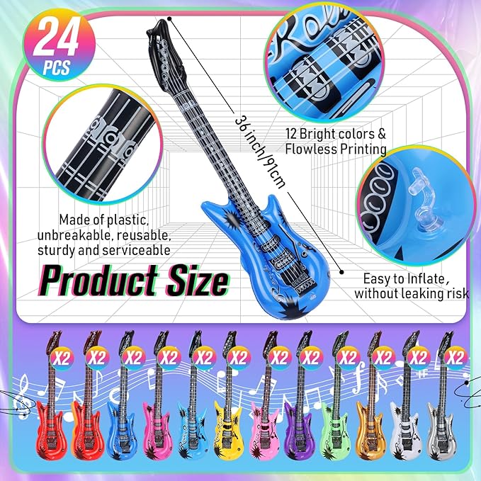 36 Pcs Colorful Inflatable Instruments Rock Star Toy Set Including 12 Pcs Plastic Microphones, 24 Inflatable Guitars and 2 Inflator for Musical Concert Themed Party Decoration