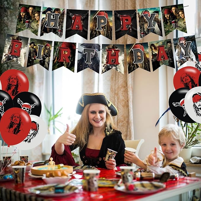 Pirates of the Caribbean Party Decorations,Birthday Party Supplies for Depp - Includes Banner, 12 Cake Toppers, 18 Balloons, 50 Stickers