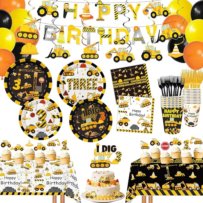 210 Pcs Construction 3rd Birthday Decorations - Includes Plates Napkins Cups Cake Cupcake Toppers Banner Hanging Swirls Tablecloths Balloons for Construction Boy Three Years Old Bday Party Supplies