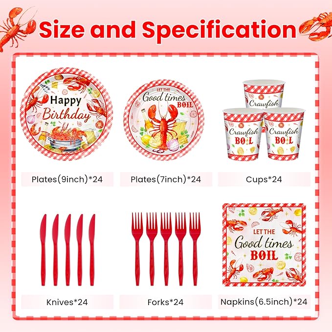 Avezano 144 pcs Crawfish Boil Birthday Party Supplies Let the Good Times Boil Party Plates and Napkins Disposable Lobster Seafood Boil Birthday Party Decorations Serve 24