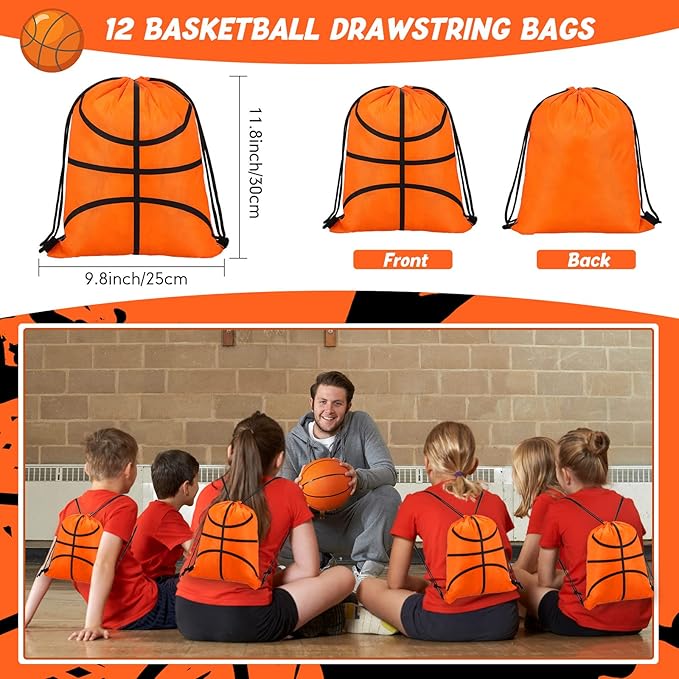 LEIFIDE 48 Pcs Basketball Party Favors 12 Sets Silicone Bracelet Drawstring Treat Bag Mini Stress Ball Keychains for Basketball Birthday Party Supplies