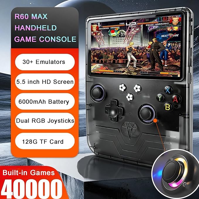 RegiisJoy R60 MAX 40000 in 1 Handheld Game Console, 5.5 Inch IPS Screen Retro Gaming Consoles Main Emulators, Portable Mini Pocket Arcade 6000mAh Battery,128G TF Card,RGB Joysticks