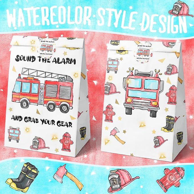 Watercolor Firetruck Party Favor Bags - 24 Pcs Firetruck Party Candy Bags with Stickers - Firetruck Goodie Gift Treat Bags - Watercolor Firetruck Themed Birthday Party Supplies