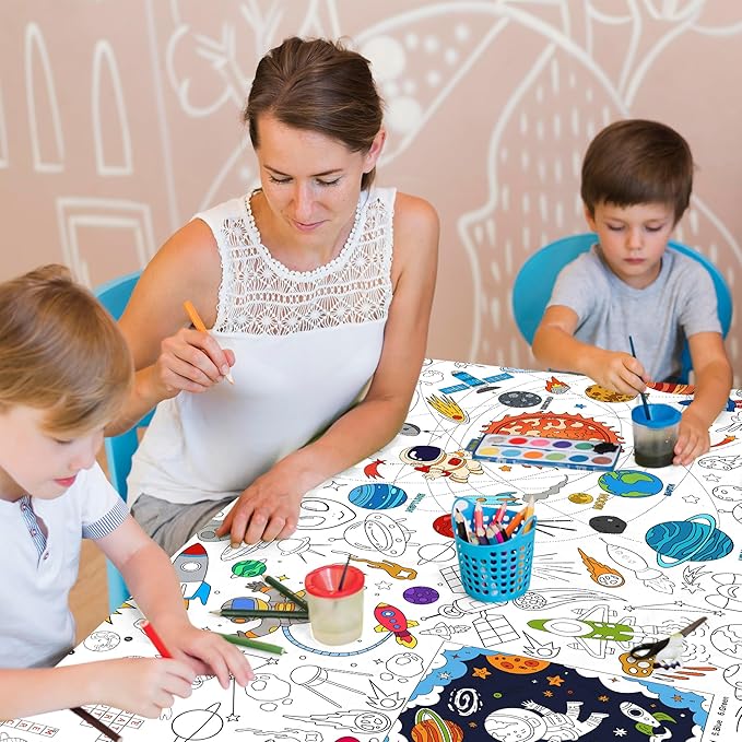 Outer Space Coloring Tablecloth for Kids, Giant 30x72 Inch Poster with Astronauts, Solar System, Perfect for Space Party Games, Galaxy Decorations, Classroom Fun, Celebration Supplies