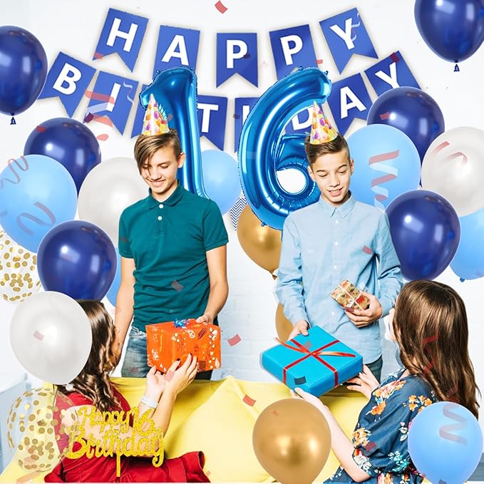16th Birthday Decorations, Dark Happy Birthday Party Decorations With Number 16 Balloons Metallic Gold Pearl White Light Blue Fringe Curtain Banner Cake Topper For Boy Girl Party Supplies