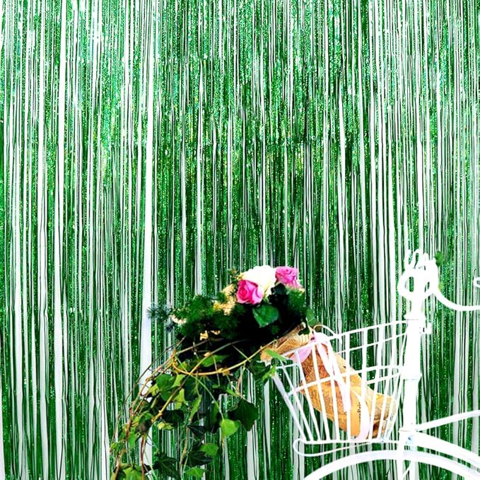 Iridescent Foil Fringe Curtains Rainforest Jungle Theme Party Supplies Birthday Wedding Party Window Door Decorations Fun Photo Booth Backdrop Props(2 Packs, (W) 3.28*(H) 6.56 Ft, Green)