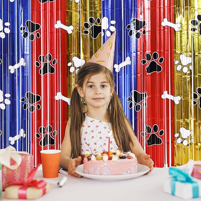 Playful Paw Party Decor Kit with 15 Balloons - 2 Pack 3.3x6.6ft Tinsel Fringe Curtains Backdrop, Paw Photo Booth Props, Animal Birthday Party Supplies for Kids & Boys Room Decor