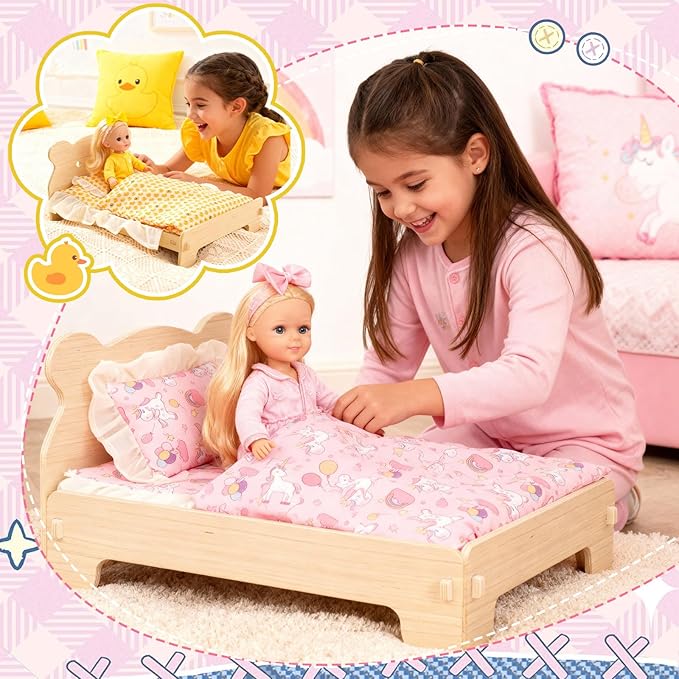 6 Set 18 Inch Doll Bedding Accessories Set, Included Comforter, Mattress, Pillow Cute Accessories- Fits 18 Doll Beds, Bunkbeds, Cribs and Cradles, Featuring Pretty Lace and a Securing Cord