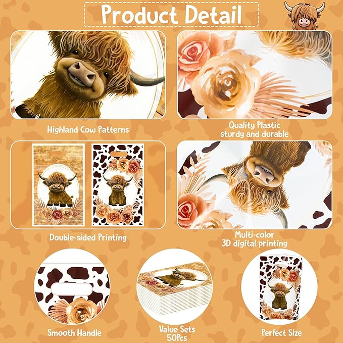 Highland Cow Party Favor Bags - 50Pcs Brown Cow Print Goody Candy Treat Gifts Bags, Highland Cattle Themed Party Decorations for Kids Birthday Baby Shower Animals Theme Events Supplies