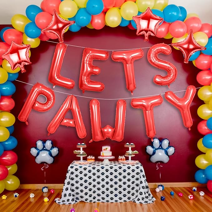 Lets Pawty Balloons Banner 16 Inch,Red Dog Birthday Decorations with 4pcs 10 Inch Star Balloons,Paw Foil Letter Balloon for Dogs Paw Pet Puppy Theme Party Supplies