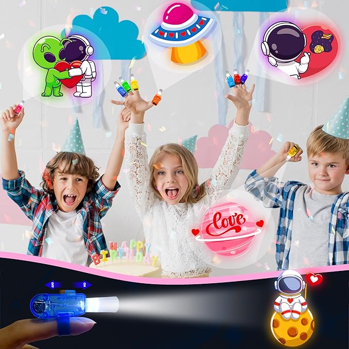 24 Pack Valentines Day Gift for Kids, Valentine Party Favors, Space LED Finger Lights with Cards, Glow in the Dark Toys, Classroom Exchange Prize, Goodie Bag Stuffers