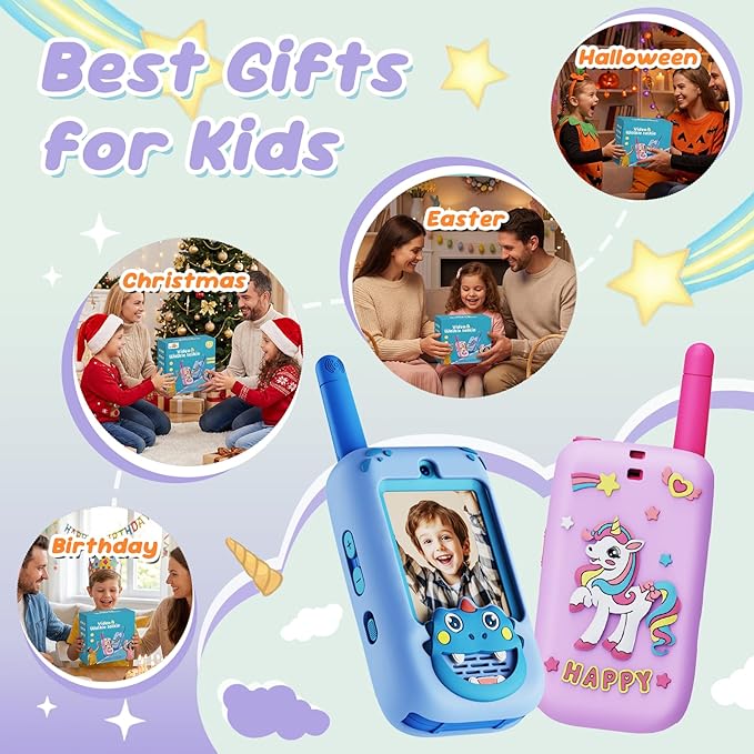 Video Walkie Talkies for Kids, 2 Pack Walkie Talkies with HD Camera, Long Range Two Way Radio with 4 Voice Effects, Christmas Birthday Gifts for Boys Girls 3 4 5 6 7 8 9 Year Olds
