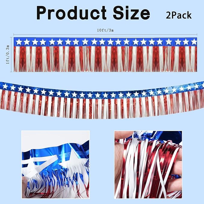 4th of July Decorations - 2 Pack Red White and Blue Streamer for 250 America Anniversary | Fourth of July Accessories Party Favors for Outdoor Outside Home - Patriotic Flag Banner Decor,10 FT