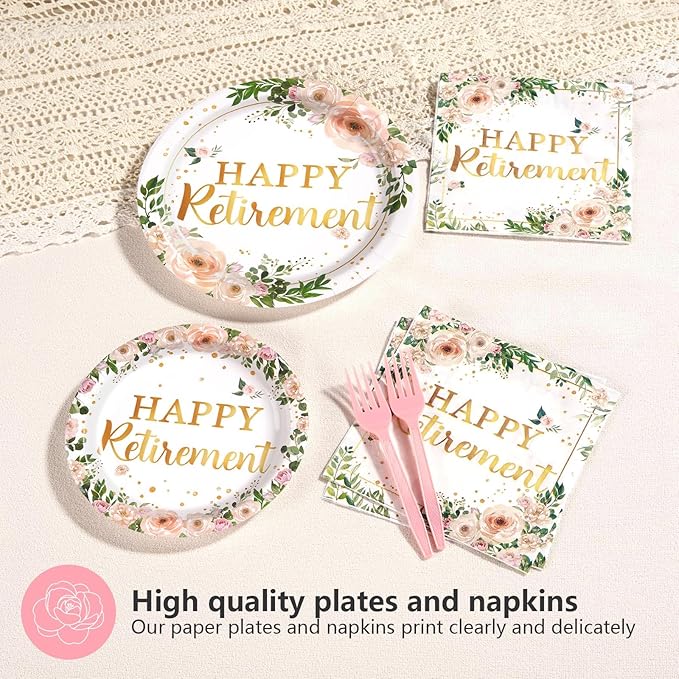 96Pcs Wildflower Retirement Party Decorations for Women Pink Gold Floral Teacher Retirement Plates and Napkins Sets Lady's Retired Decoration Favor for Goodbye Going Away Just Retired Party Serve 24