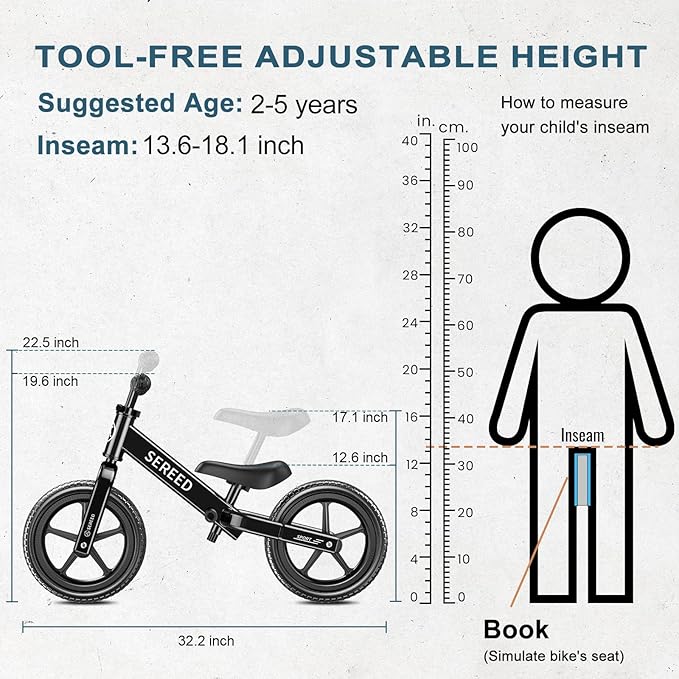 SEREED Toddler Balance Bike 2 Year Old, No Pedal Kids Toy Bike for 2-5 Years Old, Tool-Free Adjustment, Gift for 2-3 Girls, Customize Plate with 3pcs Stickers (Black)