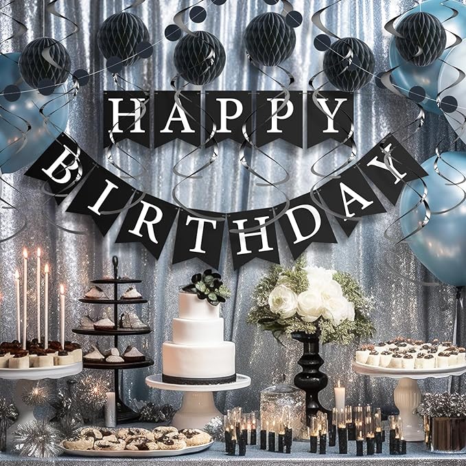 Black Birthday Decorations Kit - 16-Piece Set with Pre-Strung Happy Birthday Banner, Honeycomb Balls, Garland & Swirls | Black Theme Party Supplies for Men Women Girls Kids, Teens Adults