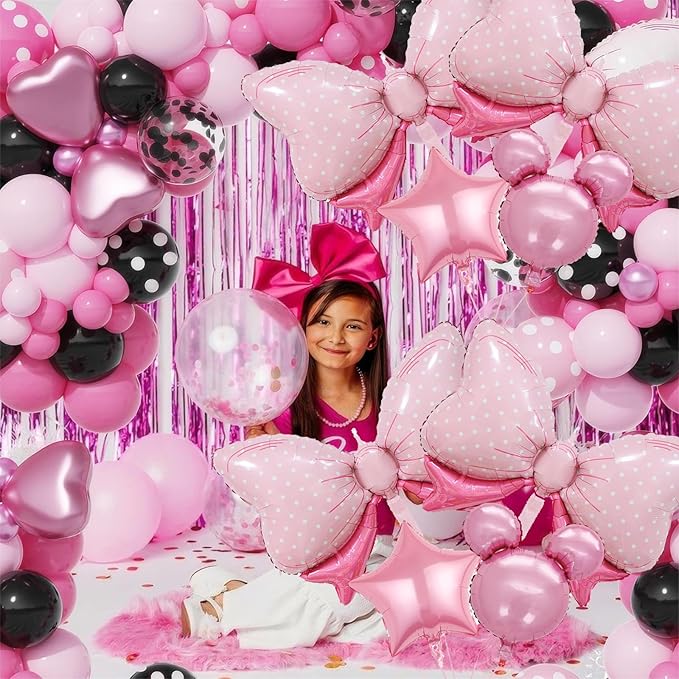 8 PCS Minnie Balloons, Pink Mouse Birthday Decorations, 35 Inch Pink Bow Balloons, Minnie Baby Shower Decorations, Oh Twodles Party Supplies
