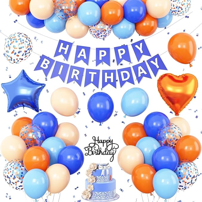 Blue and Orange Birthday Decorations,Royal Light Blue and Orange Decor Happy Birthday Banner Cake Topper Star Heart Foil Balloon for Kids Space Theme Party