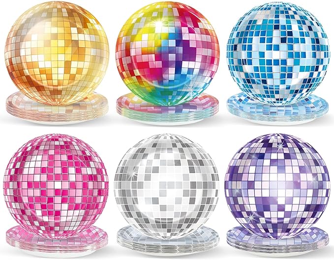 CHUNNIN 48Pcs 70s Shining Disco Ball 7" Paper Plates for Disco Decorations 70's Theme Party Plates Retro Colorful Dinner Plate for 1970s Dance Birthday Baby Shower Party Supplies