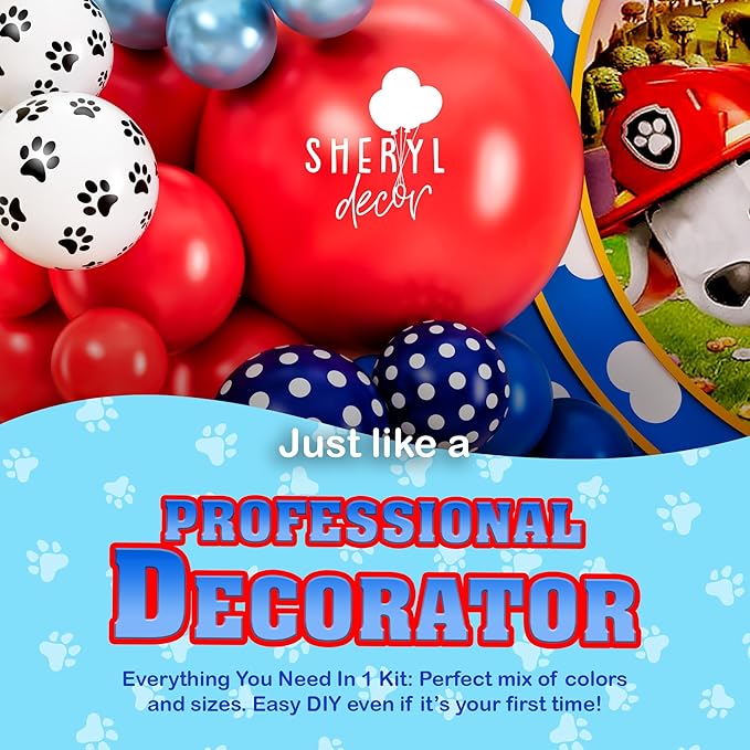 ALL-IN-1 Paw Balloon Arch & Garland Kit with BONUS Dog Bone – Small and Large Red, Dark Blue Paw Balloons – Paw Birthday Party Decorations & Supplies – Boy