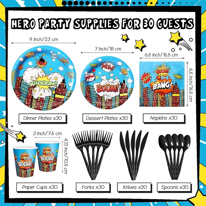 Zhehao 210 Pcs Christmas Hero Party Supplies Serves 30, Hero Themed Paper Plates Napkins Cups and Tableware Sets for Birthday Baby Shower Party Supplies Decor(Blue)