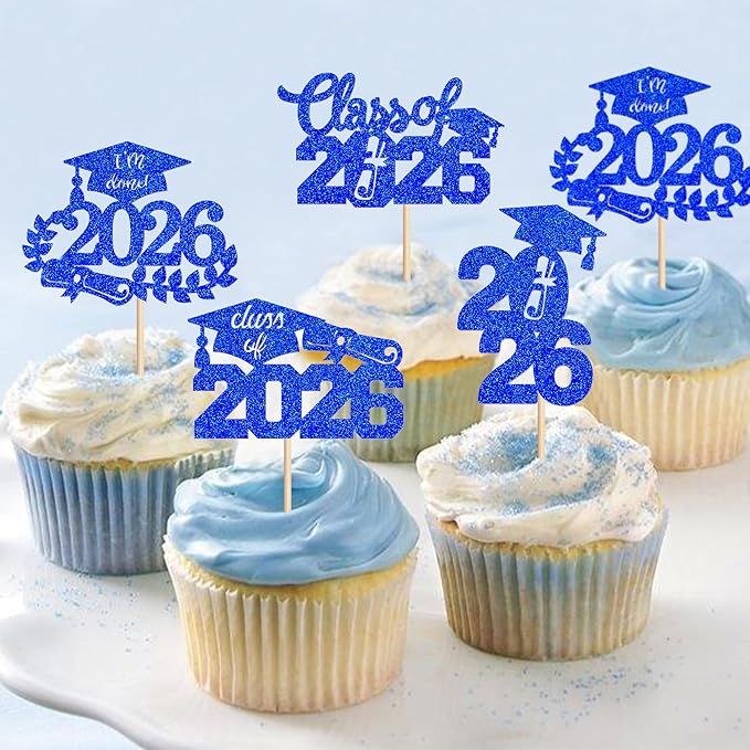 Graduation Cupcake Toppers 2026 Food/Appetizer Picks For Graduation Party Mini Cake Decorations 2026 Cupcake Toppers Graduation 24 Pieces (blue)