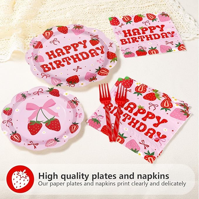 96 Pcs Pink Strawberry Birthday Party Decorations Scalloped Sweet Bow Berry Plate and Napkin Disposable Fruit Berry Tableware Set for Birthday Baby Shower Girls Party Supplies Serve 24