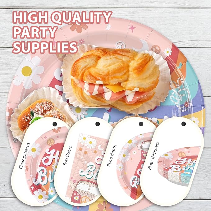 96Pcs Groovy Birthday Party Decorations Boho Groovy Birthday Plates and Napkins Tableware Set Daisy Hippie Rainbow Boho Themed Decorations for Baby Shower Gender Reveal Party Decor Supplies Serves 24