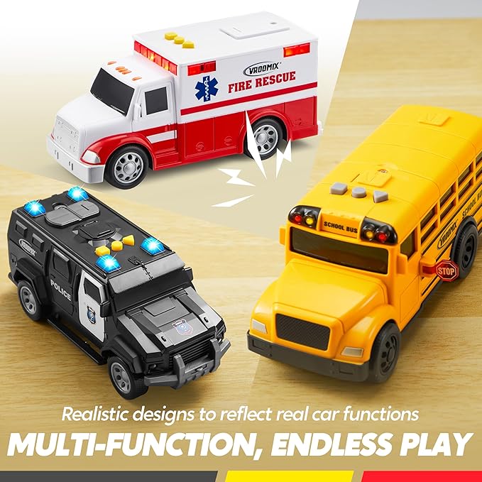 JOVA Emergency and School Vehicle Toy Set – Friction Powered Police Car, Ambulance, Bus with Lights and Sounds – Educational and Safe Toy for Kids, Birthday Gift Boys and Girls