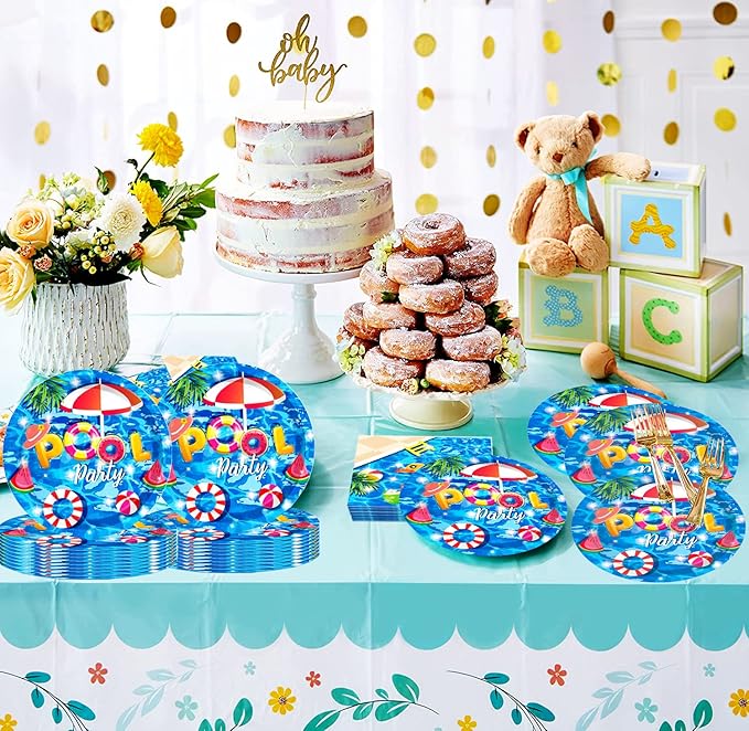 50 Pcs Pool Party Tableware Plates,Pool Party Supplies Beach Party Supplies,7"Summer Pool Party Paper Plates for Summer Beach Theme Pool Birthday Party Decorations