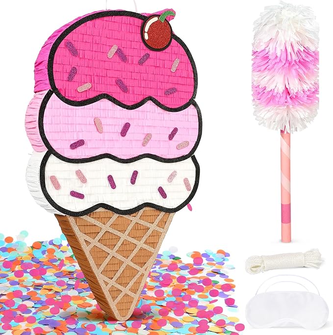 24" Large Ice Cream Pinata for Birthday Party, 3-Layer Neapolitan Summer Sweet Treats Theme Party Supplies, Paper Mache Pinata with Stick, Mask & Confetti, Fun Party Game Decor for Kids Adults