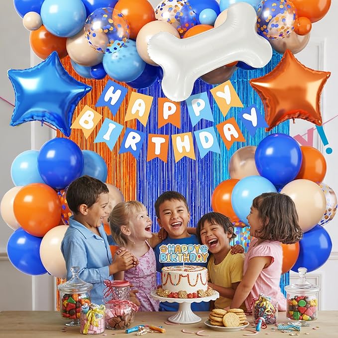 Orange and Blue Birthday Decorations for Boys, Orange Light Blue Nude Confetti Latex Balloons Dog Paw Cake Topper Bone Star Foil Balloon Happy Birthday Banner for Girl Boy Cartoon Theme Party Supplies