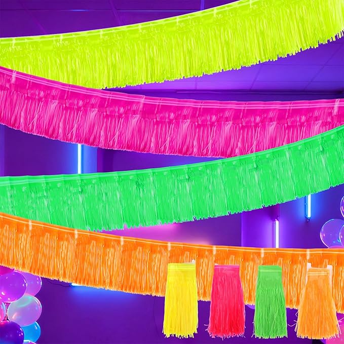Wecoe 4 Pack Glow in The Dark Party Streamers Pink Yellow Green Orange Foil Fringe Garland Banner Table Skirts 80s 90s Disco Birthday Party Supplies Parade Float Decorations Halloween Decor
