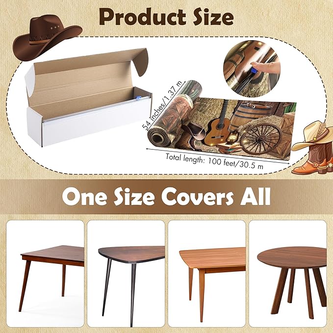 Kochorie 54 Inch X 100 Feet Western Party Tablecloth Roll, Disposable Western Cowboy Table Cover, Cowboy Theme Plastic Tablecloth Wild West Wooden House Barn Door Table Cover for Baby Shower Birthday
