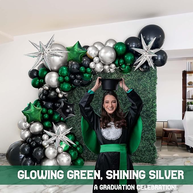 emerald green and silver black balloon garland arch kit 160pcs with star five-pointed star mylar balloon for Birthday anniversary 2026 graduations Prom decorations