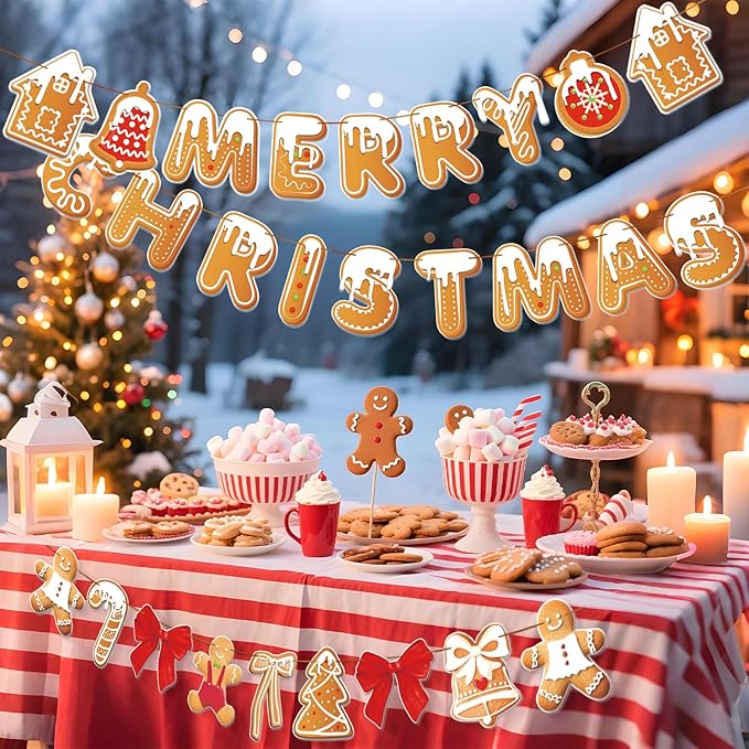 PAPER JAZZ Gingerbread Christmas Decoration Merry Christmas Banner,3 Pcs Gingerbread Christmas Garland,Xmas Backdrop Cute Hanging Decor for Wall, Tree, Door, Yard, Home, Office, Indoor Outdoor.