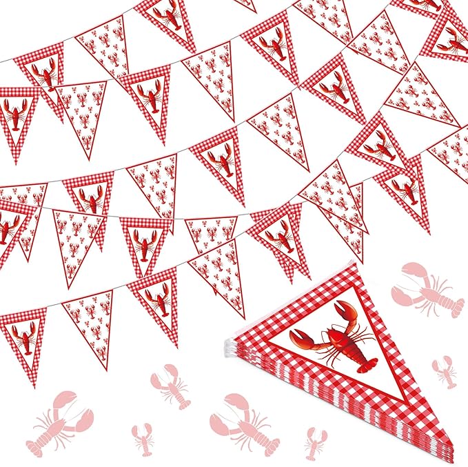 Boao 5 Pcs Crawfish Boil Party Decorations Crawfish Pennant Banner 49. 2ft Shrimp Boil Pennant Flags Red Plaid Hanging Banner for Birthday Lobster Mardi Gras Summer Shrimp Party Supplies
