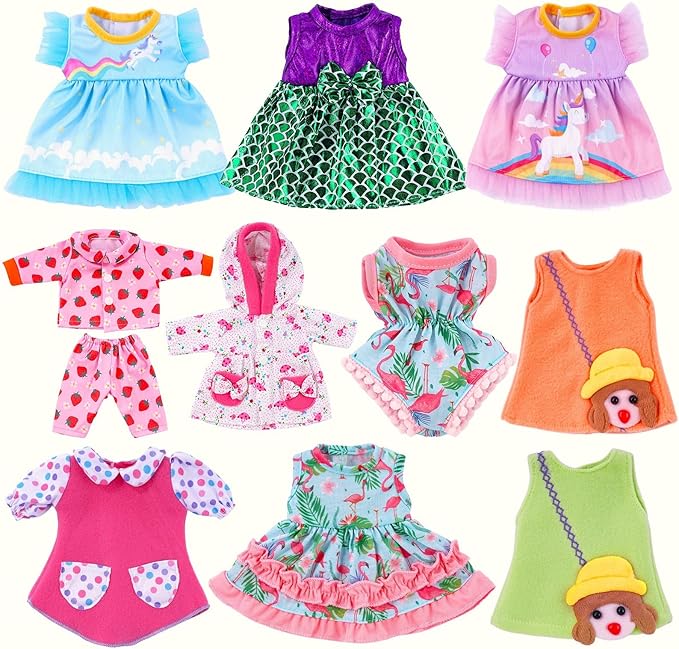 BABESIDE 10 Sets Alive Baby Doll Clothes & Accessories for 8/10/11 Inch Baby Dolls, Includes Cute Jumpsuit & Skirts, 3+ Year Old Girls Gifts, Pretend Play