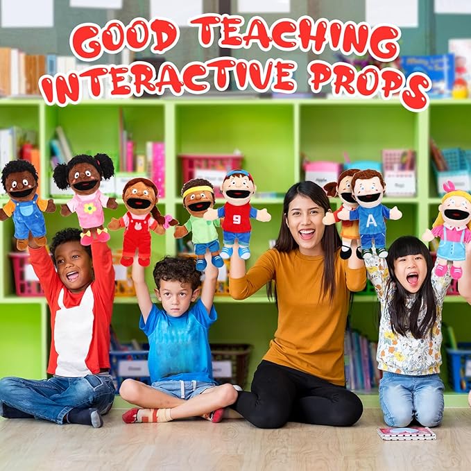 Lenwen 8 Piece Kids Hand Puppet Gifts Set 12 Inch Multicultural Plush Hand Puppets with Movable Mouth, Suitable for Classroom Interaction