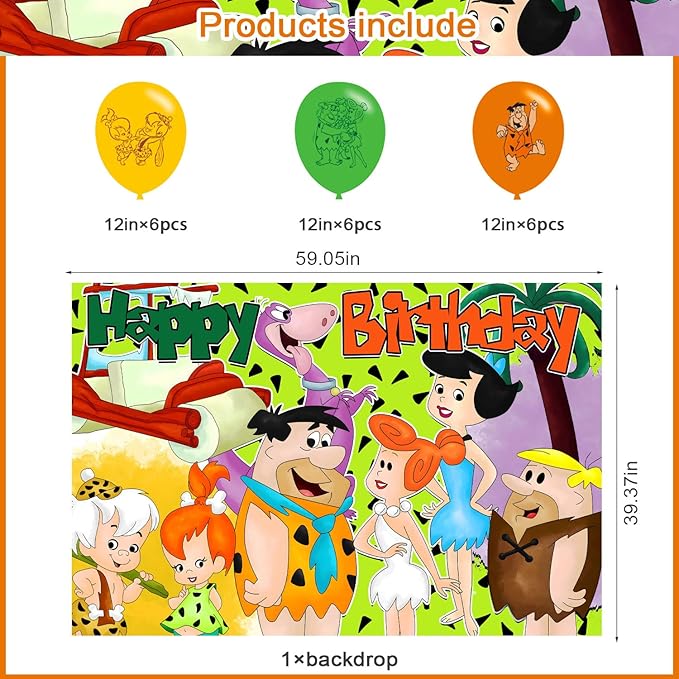 Pebbles and Bam bam Birthday Party Decoration,Flintstones Party Photo Background 5 x 3 FT and 18 Pcs Balloon,Merch Party Backdrop Supplies