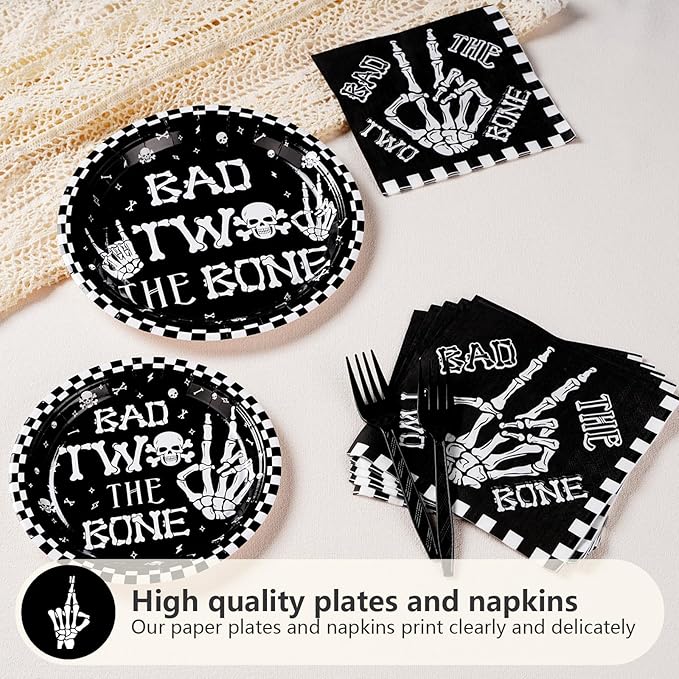 96Pcs Bad Two The Bone Party Supplies Black White Rock 2nd Birthday Plates and Napkins Tableware Bone Skull Second Birthday Party Decoration for Boy Skeleton Rock And Roll Music Theme Favors Serve 24