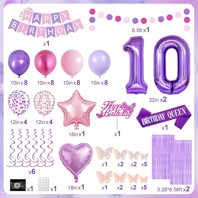 10th Purple Birthday Decorations for Girls, Pink and Purple Happy 10 Birthday Party Decorations with Happy Birthday Banner, Number Foil Balloons, Butterfly Cake Topper for 10th Party Supplies