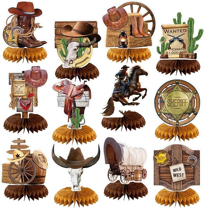 12 Pcs Cowboy Western Party Decorations Wild West Honeycomb Centerpieces for Tables Cowboy Rodeo Centerpieces 3D Western Theme Birthday Party Supplies