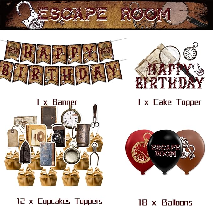 Escape Room Birthday Party Decorations Mystery Escape Room Party Supplies Includes Happy Birthday Banner Cake Topper Cupcake Toppers Balloons