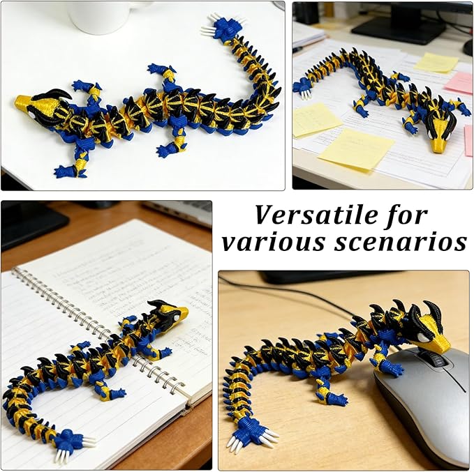 3D Printed Dragon,3D Printed Dragon Model,Flexible Articulated 3D Dragon Fidget Model,Unique 3D Printed Animals Gift and Desktop Decoration (Gold & Black-10 inch).