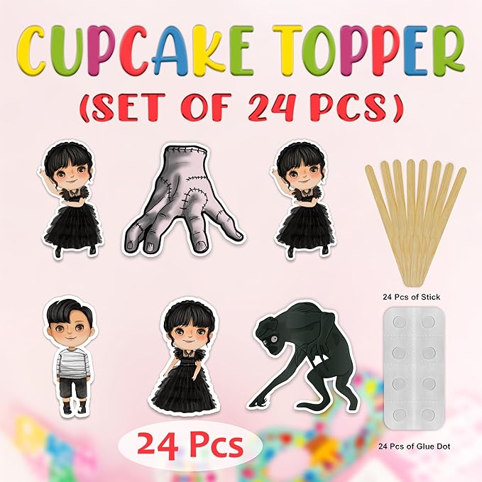 Wednsday Cupcake Topper – Gothic Dark Theme Cupcake Topper for Birthday Celebrations and Themed Events, Stylish Character-Inspired Decorative Cake Topper for Dessert Tables and Party Displays