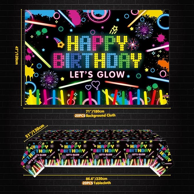 218 Pack Glow Neon Party Supplies Neon Glow Plate Set Neon Balloon Glow in the Dark Happy Birthday Backdrop Glow Birthday Blacklight Party Decoration Neon Glow Banner Set Serves 20