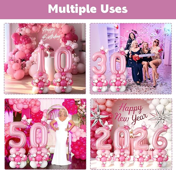 40 Inch Pink Number 0 Balloon Pastel Pink White Number Zero Foil Balloon Tower for 10th 20th 30th 40th 50th 60th 70th Birthday Party Decorations Large Digit Balloons Stack for Baby Girls Women