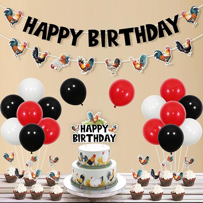 JOYMEMO Rooster Birthday Party Decorations, Rooster Happy Birthday Banner Garland with Cake Topper Cupcake Toppers and Balloons, Chicken Farm Backyard Party Supplies