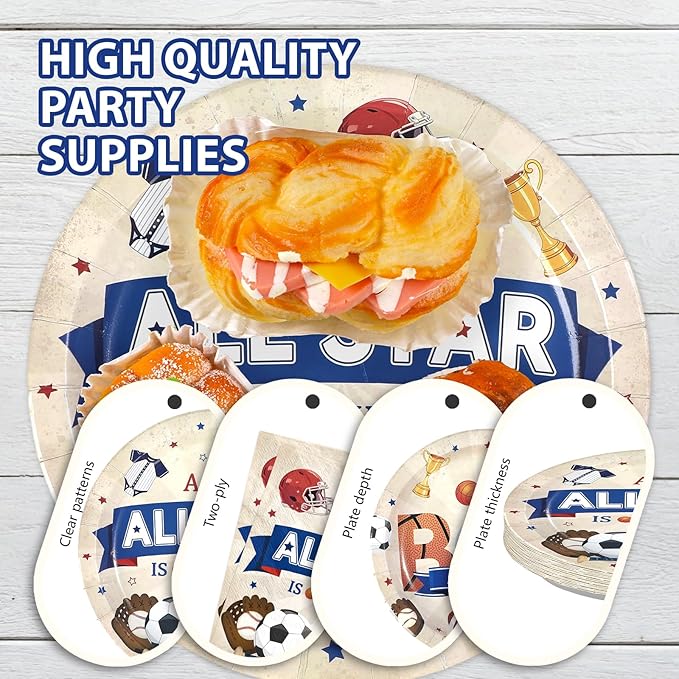 96Pcs Sports Baby Shower Party Supplies A Little All Star is On His Way Plates and Napkins Basketball Football Baseball Soccer Tableware Set for Boy Baby Shower Sports Supplies, Serves 24